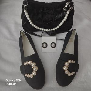 Elegant Black Loafers with Pearl Detail, Matching Purse And Earrings, Never Worn